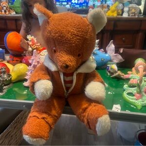 Vintage 1950s Stuffed TEDDY BEAR w/ Jumpsuit Brown And White Plush 18"